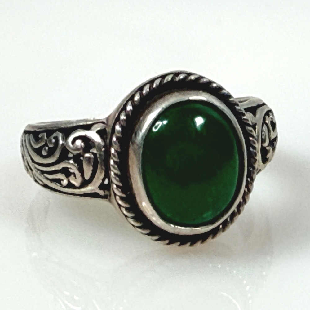 D'Joy 925 Sterling Silver Green Jade Cabochon Filigree Scroll Ring Size 10